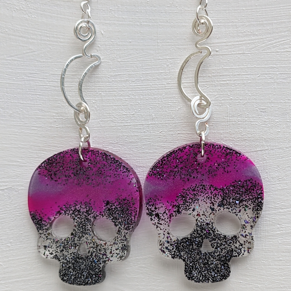 Purple Skull Silver Earrings Handmade Halloween Skulls Moon Lightweight Cute Art